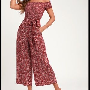 Lulus Behold Red Floral Print Off-the-shoulder Jumpsuit
